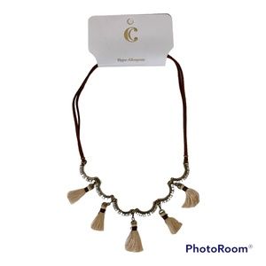 Scallop Tassel Necklace Tan Tassels Brown leather necklace Small cream stone NEW